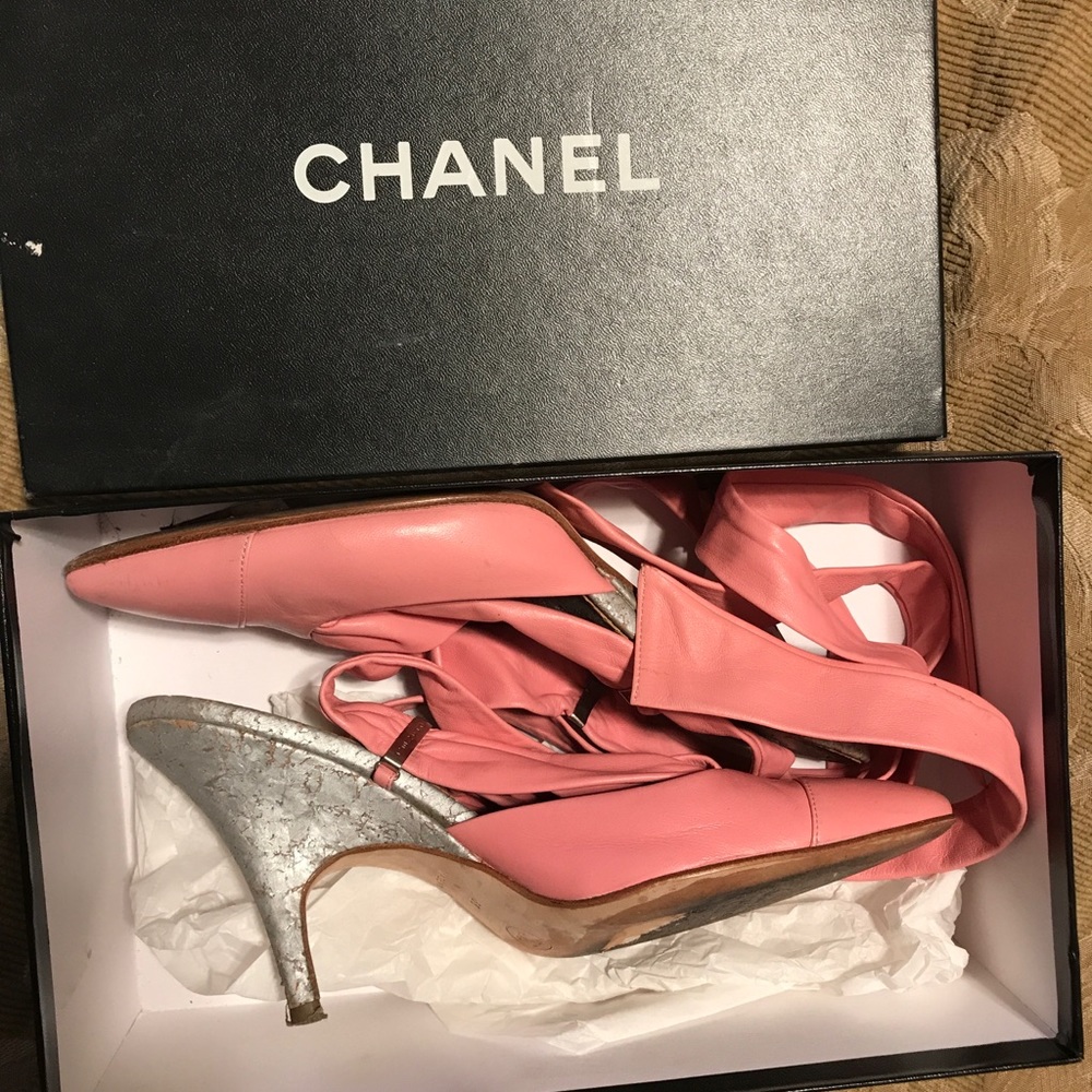 Chanel Authentic Pink and Silver Lamb Leather Heels